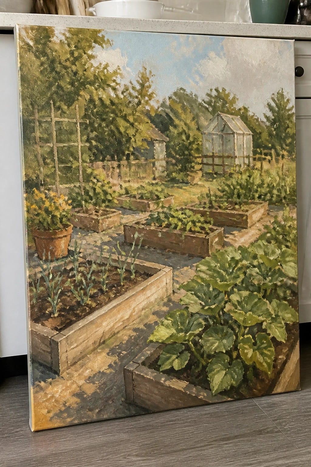 Lush garden painting with raised wooden beds, green plants, greenhouse, trees, and blue sky.