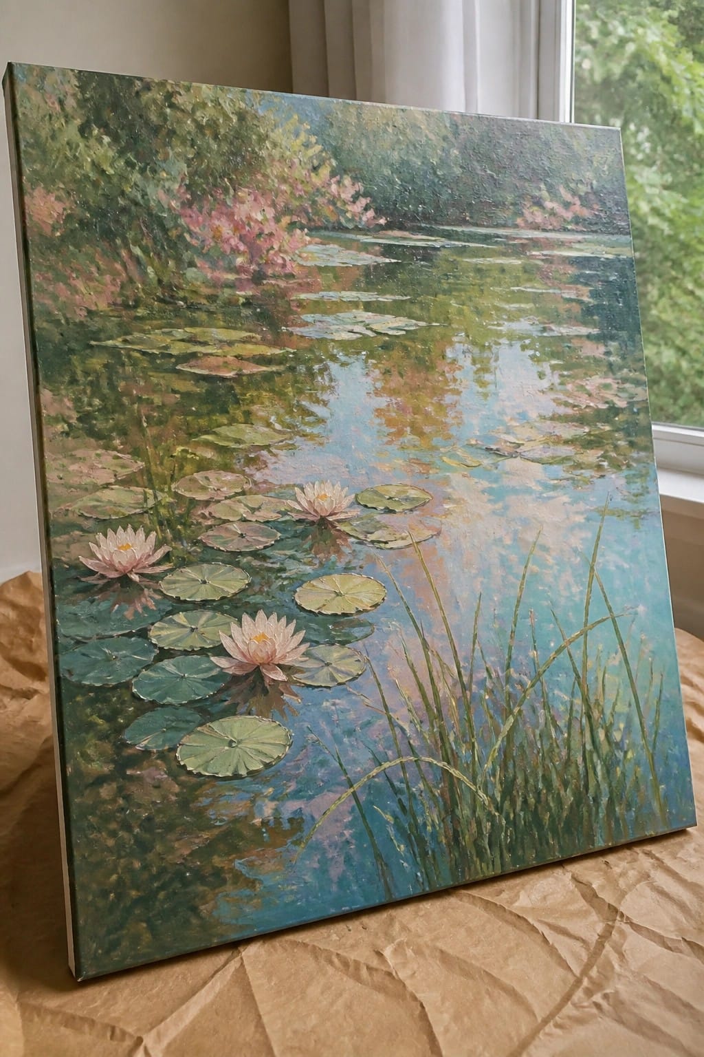 An oil painting of a pond with green lily pads and pink water lilies, reflections on the water, and surrounding greenery.