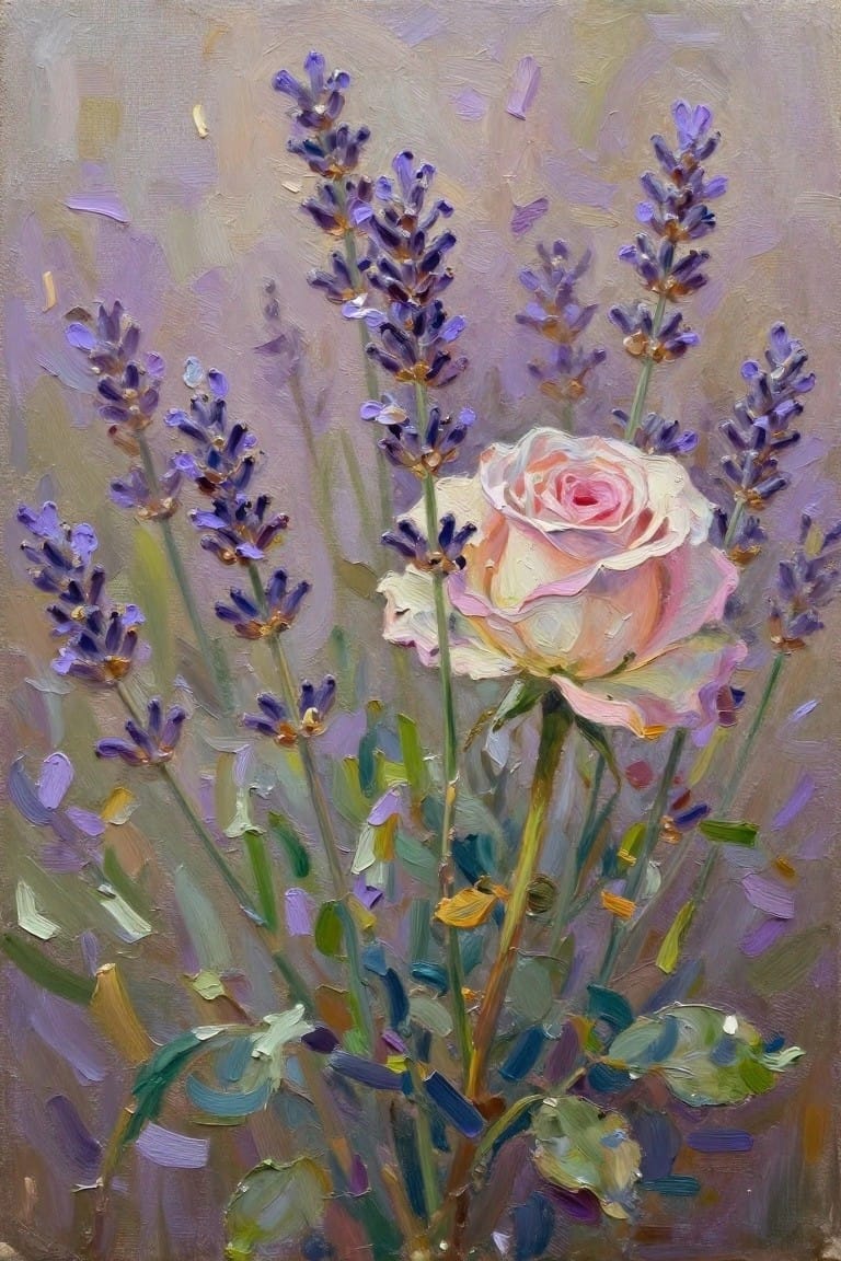 Pink rose amid purple lavender stalks in textured oil painting style