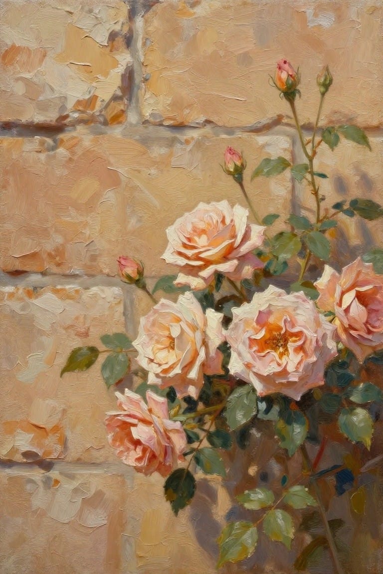 Peach roses and buds with green leaves against a textured brick wall