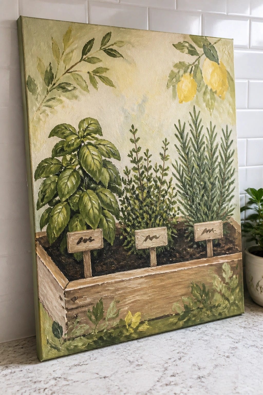 Painting of herb-filled wooden crate with basil, thyme, rosemary signs and lemons