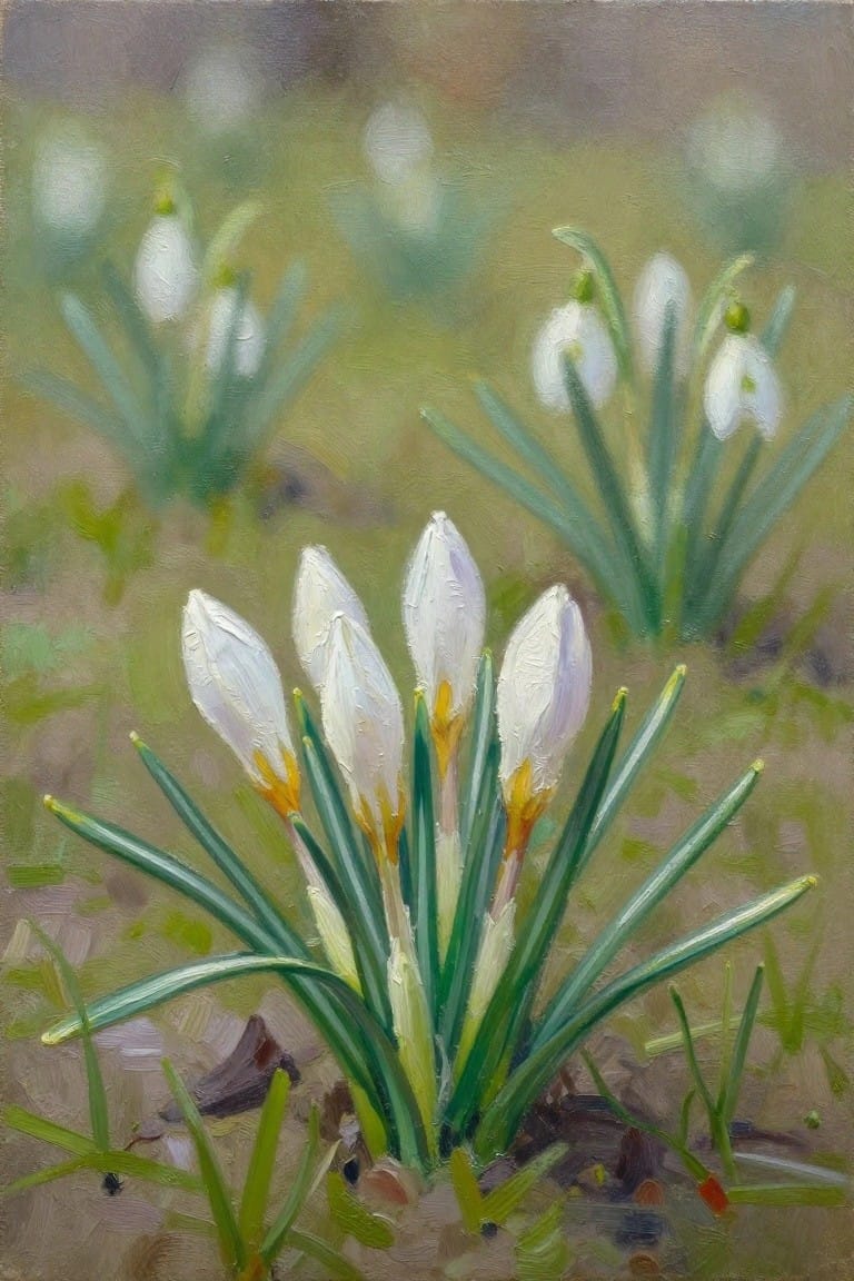 White spring flowers with yellow centers amid green leaves on soft blurred background