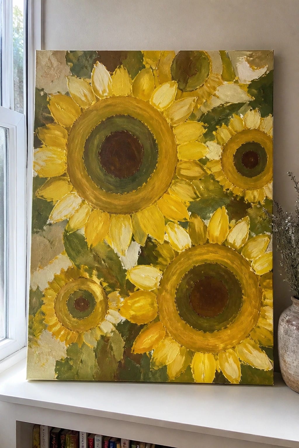 Vibrant yellow sunflower painting on white windowsill beside vase and books
