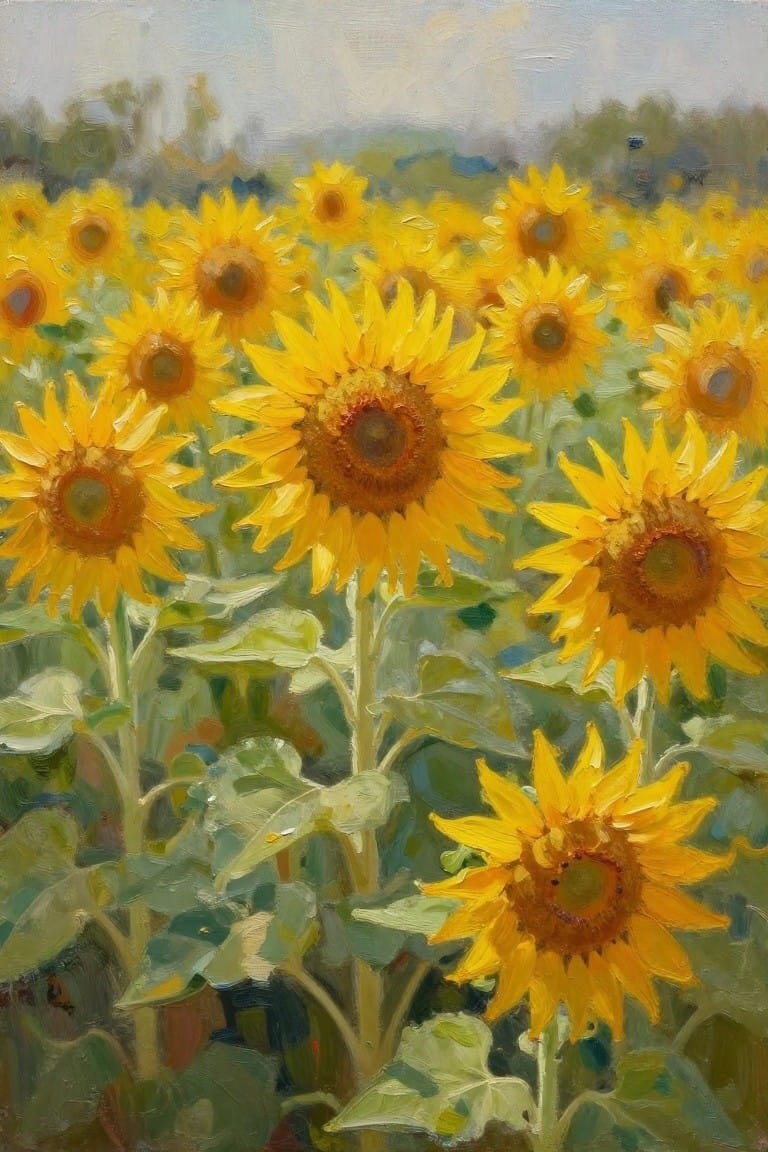 Vivid yellow sunflowers with brown centers amid green leaves in oil painting style
