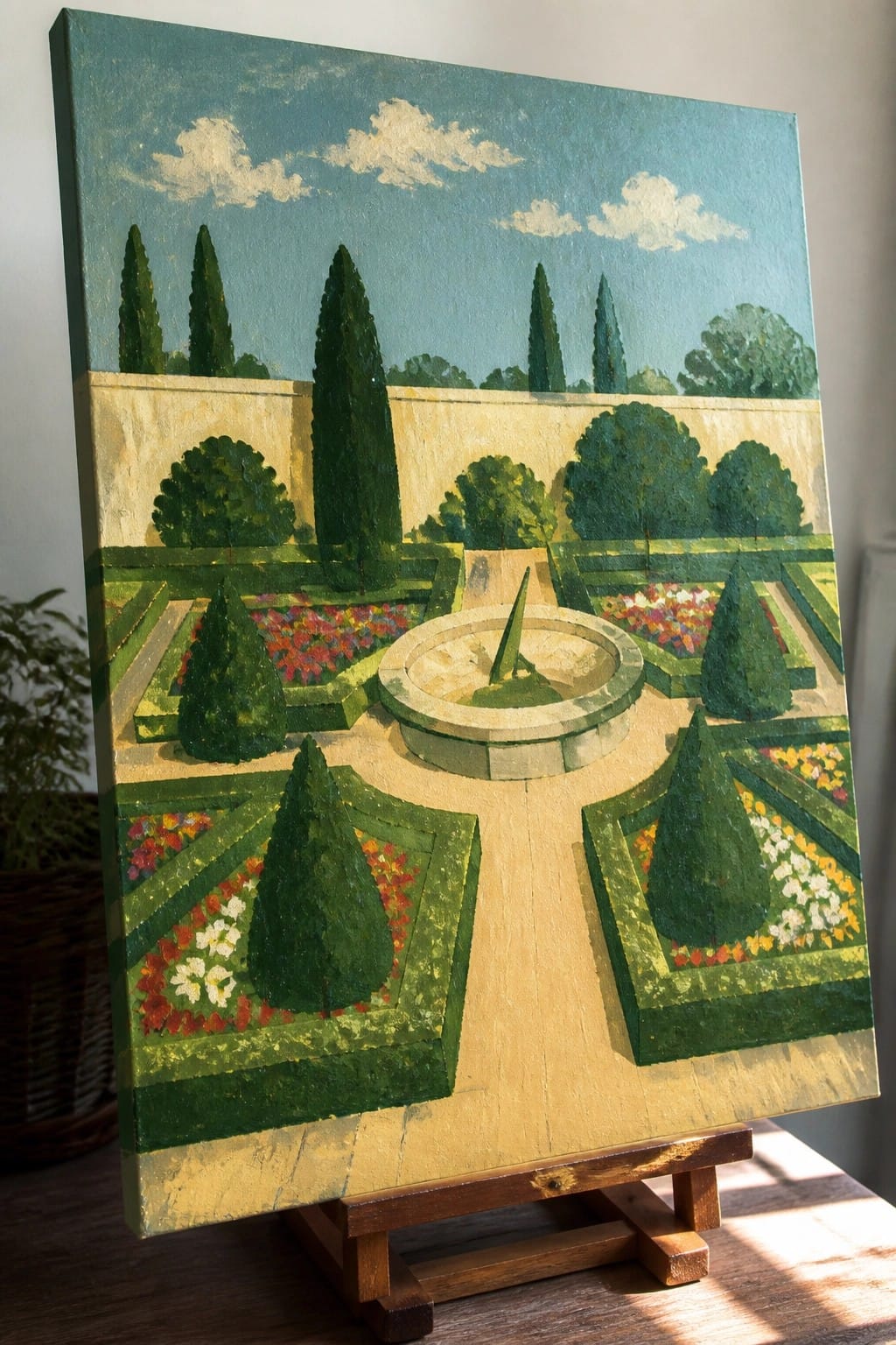 Stylized garden painting on canvas shows central sundial amid geometric hedges and colorful beds.