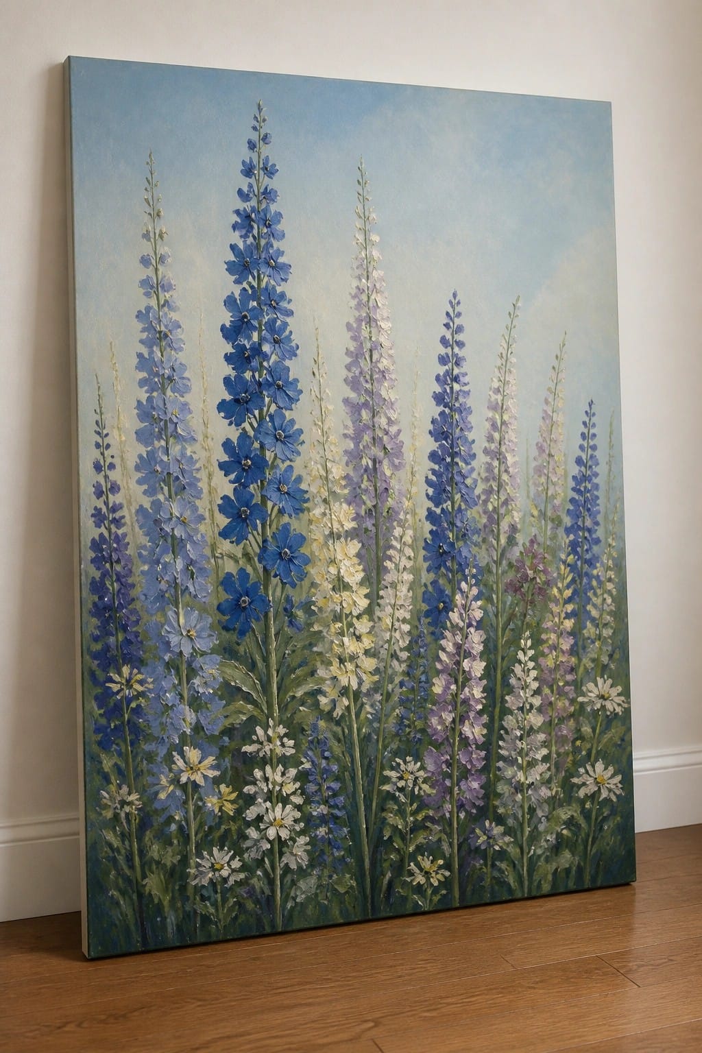 Large painting of tall blue, purple and white delphinium flowers against sky