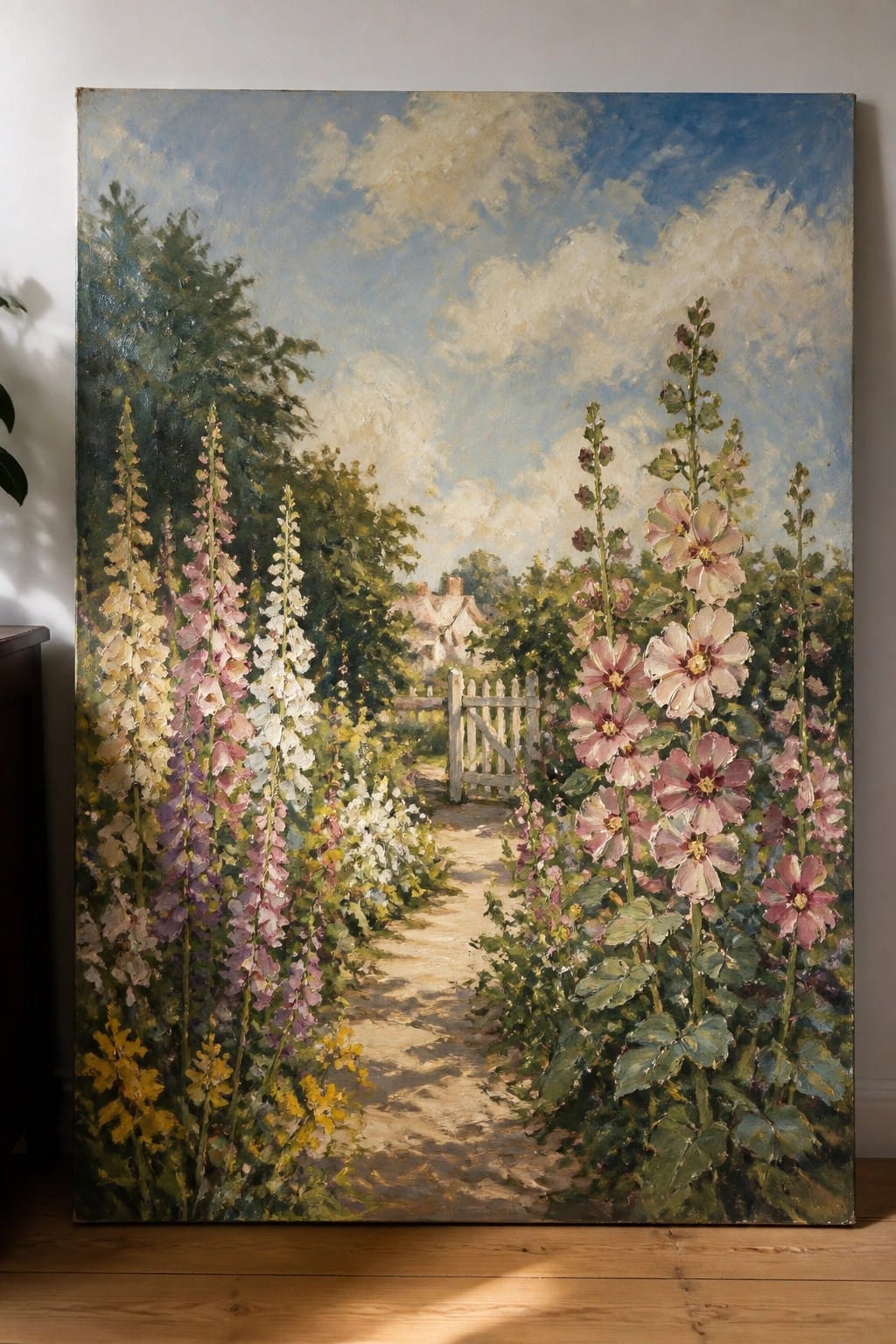 Colorful hollyhocks line a path to a white gate and cottage under blue skies.