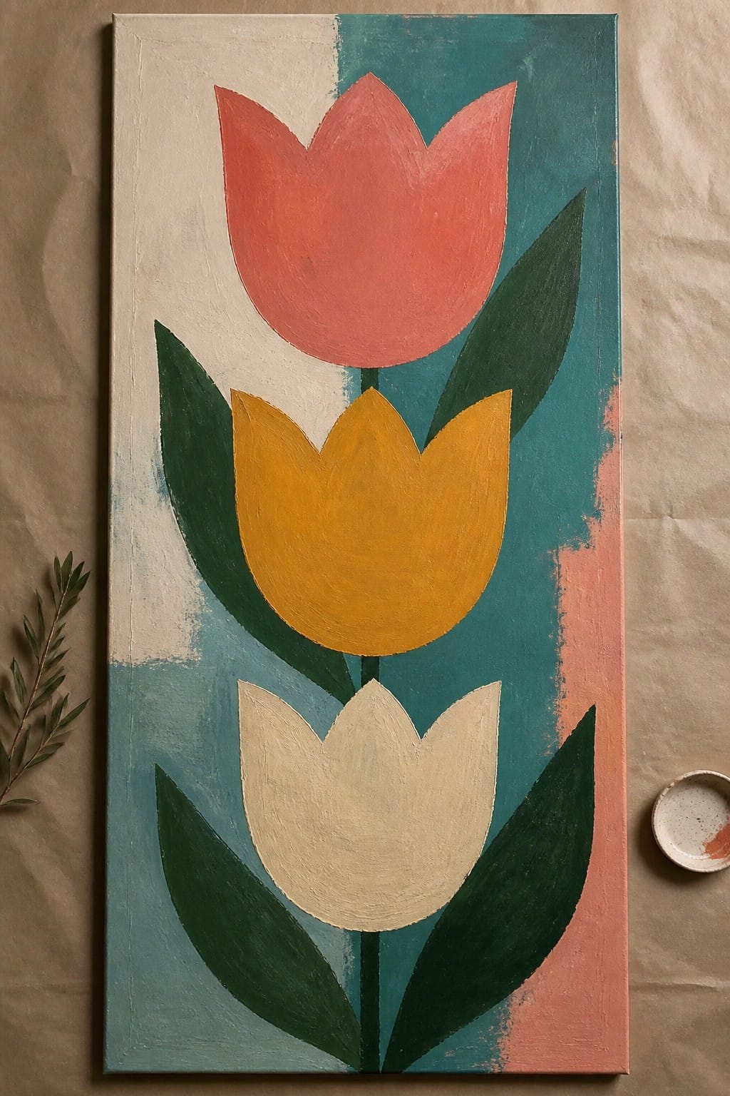 Abstract painting of three stacked tulips in pink, yellow, and white with green leaves.