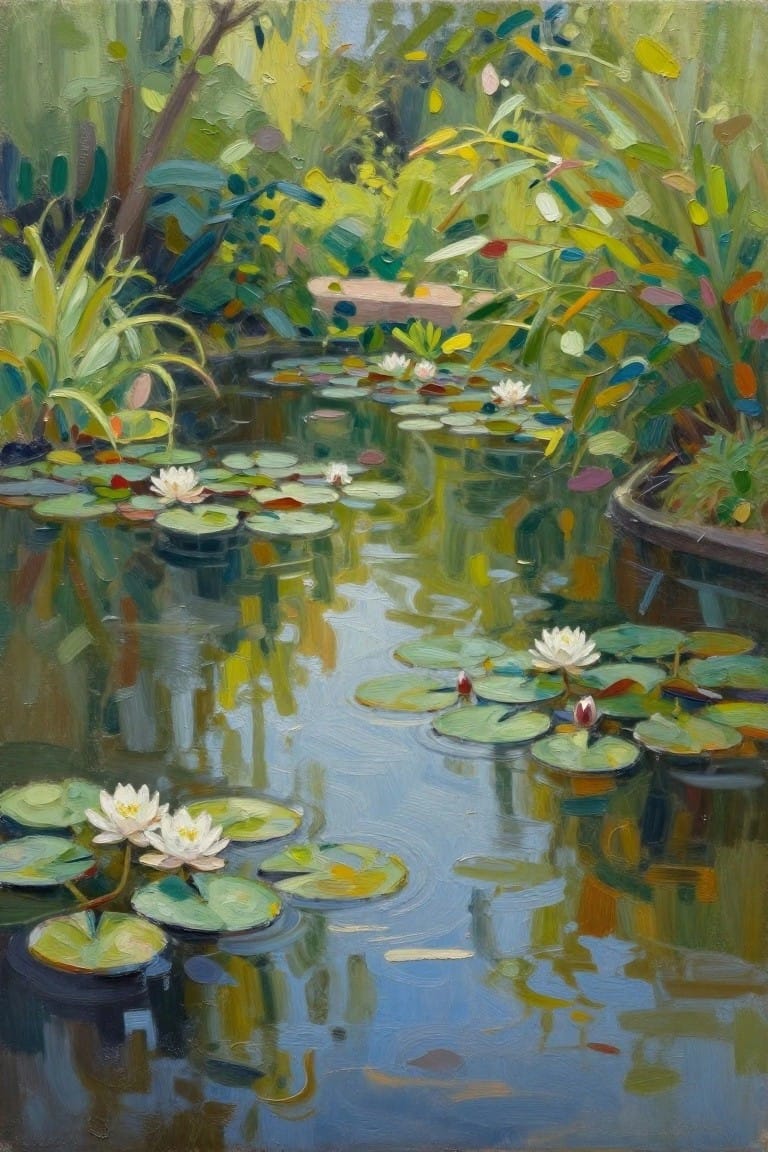 Impressionistic painting of a pond with white water lilies amid lush green foliage.