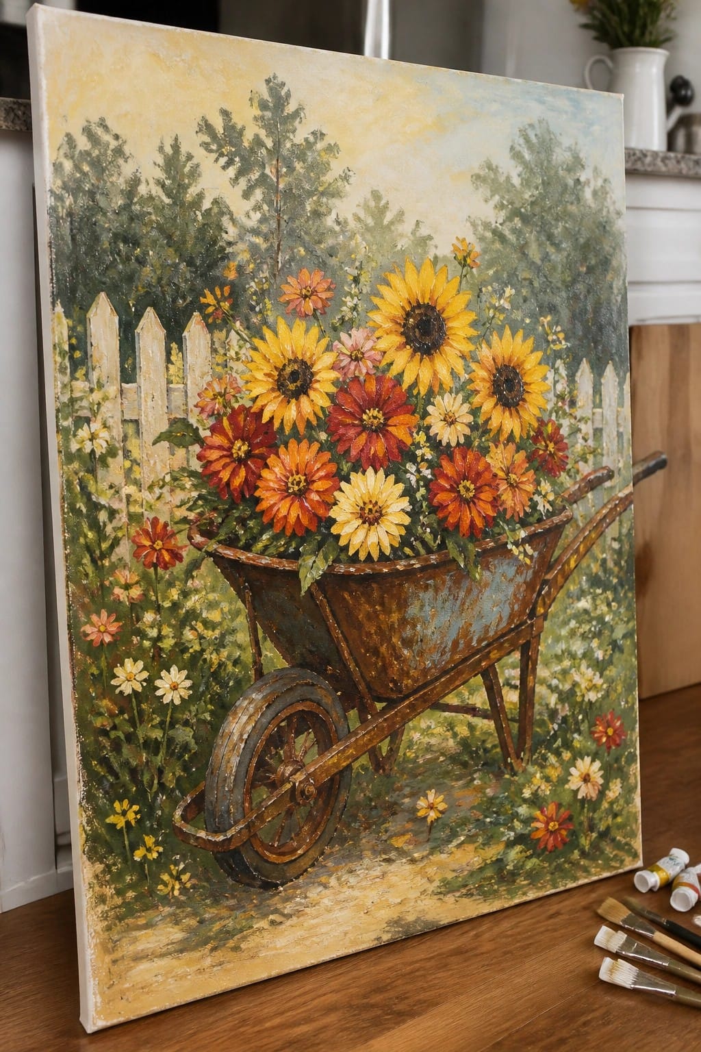Rusty wheelbarrow overflowing with vibrant sunflowers and zinnias in a garden painting