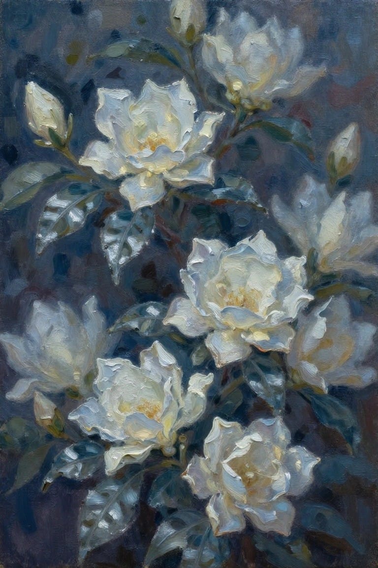 White blossoms and buds amid dark green leaves on a moody blue background