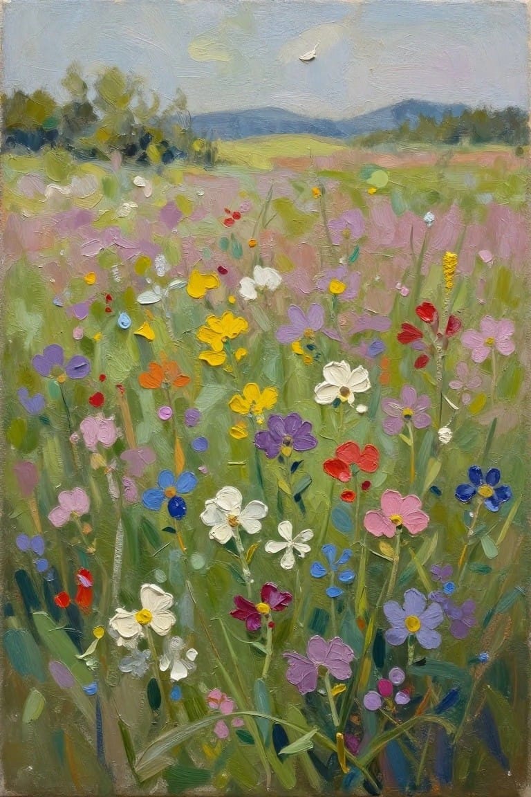 Vibrant meadow of multicolored wildflowers with rolling hills in the background