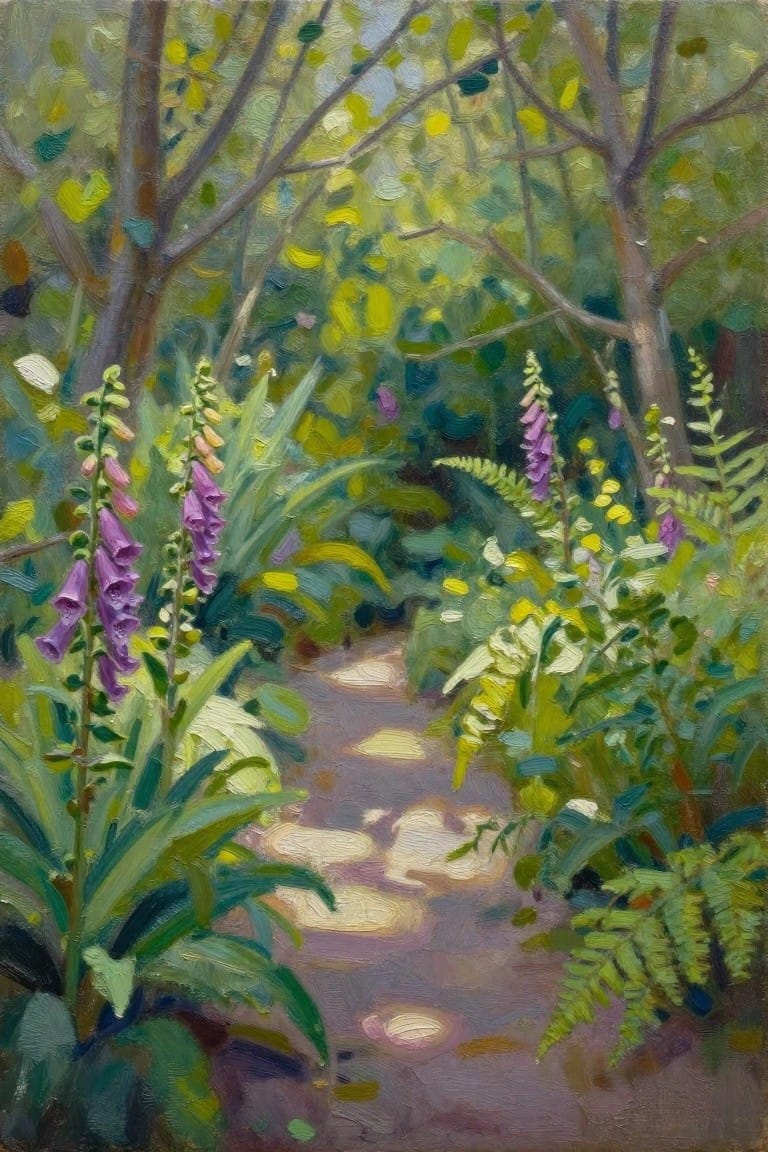 Sunlit woodland path flanked by blooming purple foxgloves and lush ferns