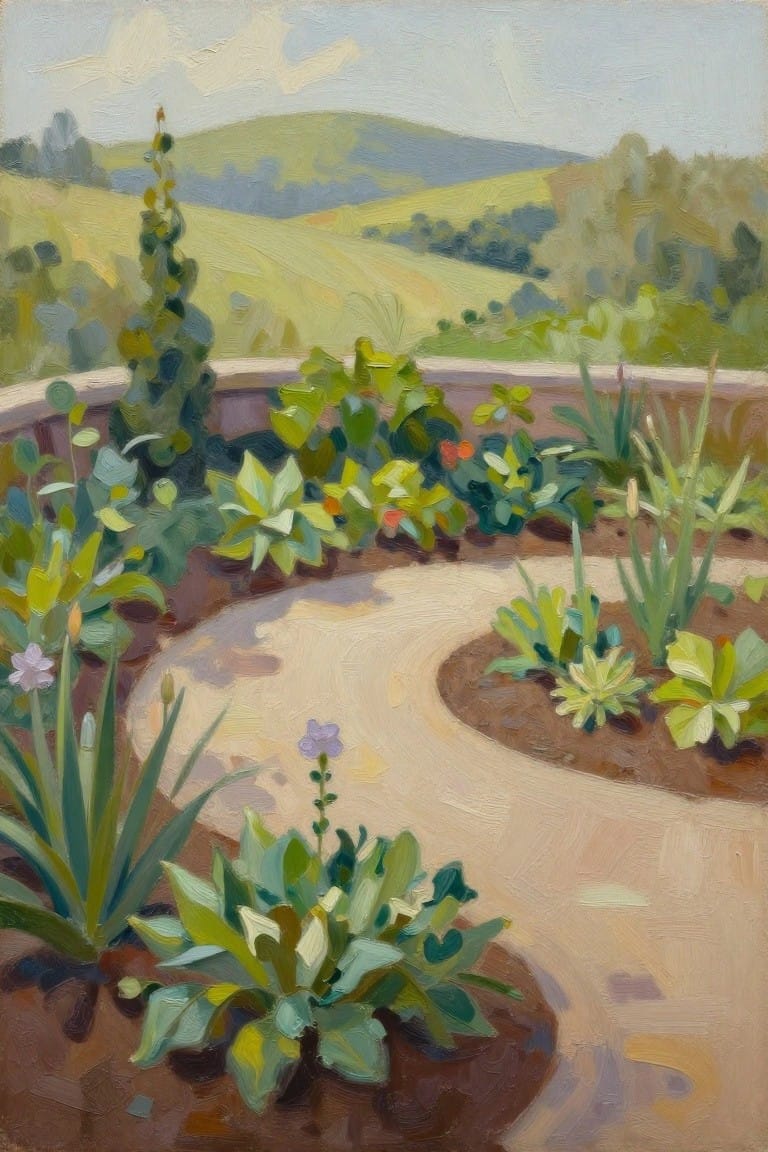 Winding garden path amid colorful plants and flowers, with rolling hills beyond.