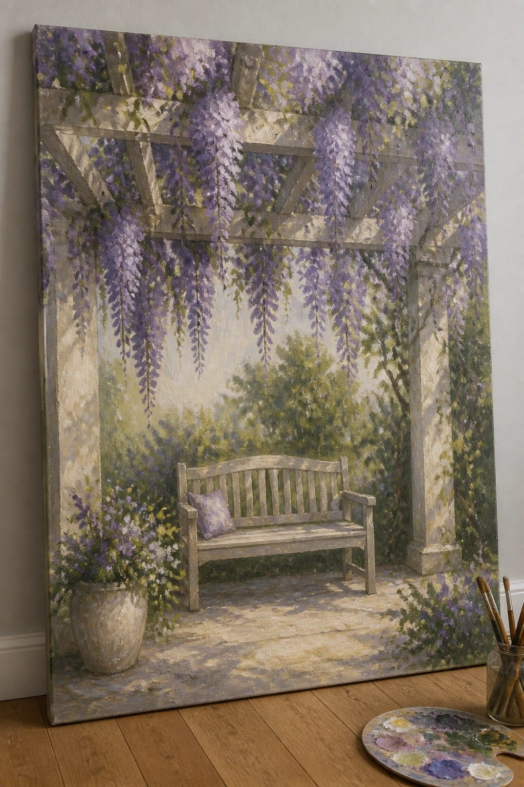 Oil painting of wooden bench under purple wisteria pergola with nearby paint palette and brushes