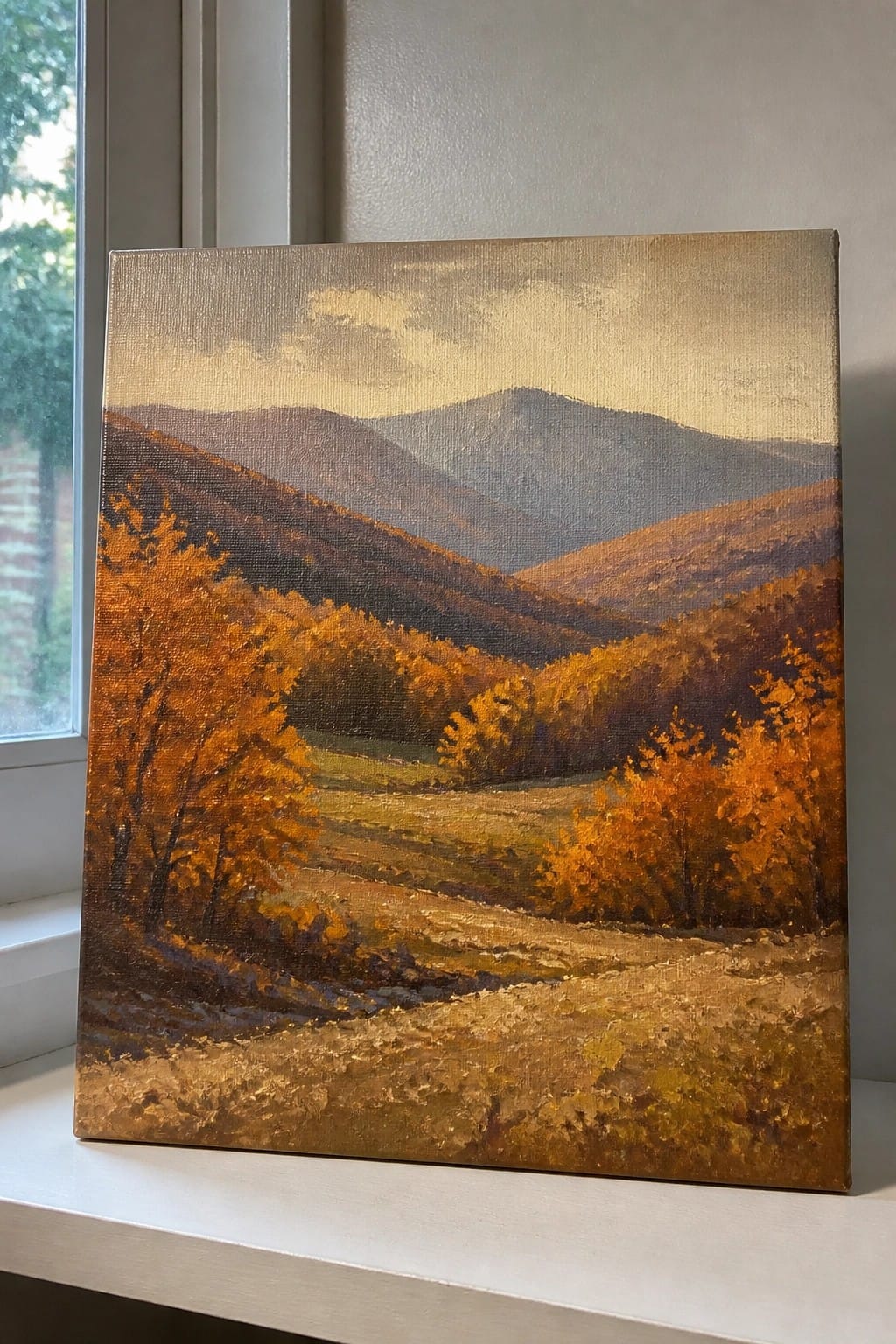 A realistic oil painting of an autumn mountain landscape with orange trees in the foreground, rolling hills, and hazy peaks in the background, displayed on a windowsill.