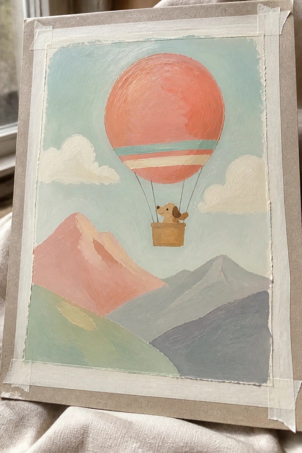 Pastel painting of a dog in a striped hot air balloon over mountains