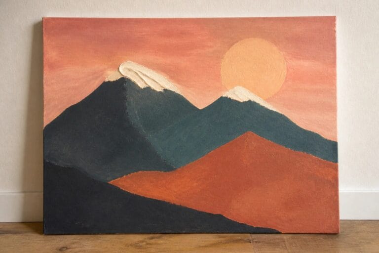 An oil painting of three overlapping mountains in orange, teal, and dark blue with a large pale sun in an orange sky.