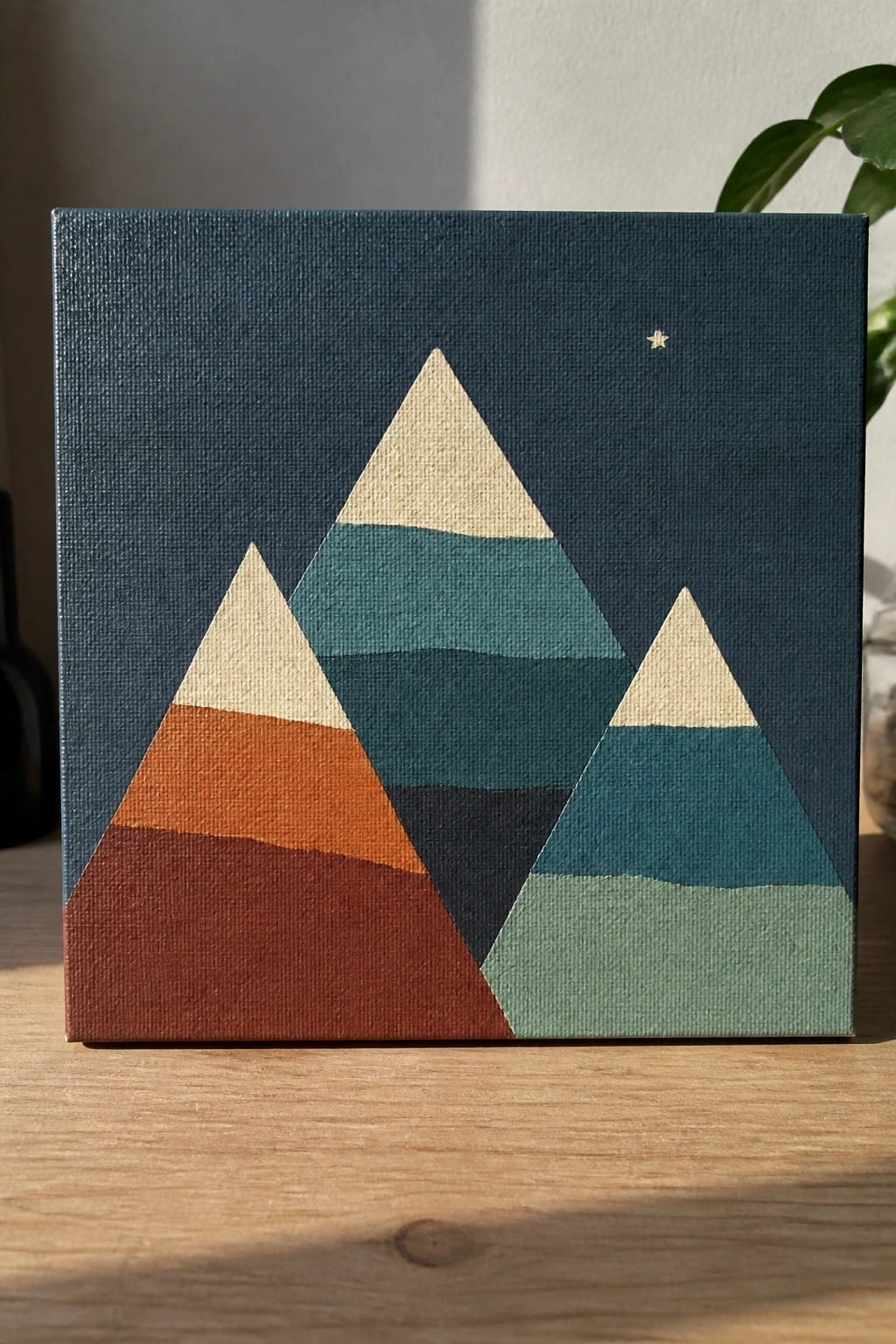 Three geometric mountains in layered earth tones on dark blue canvas with a star.