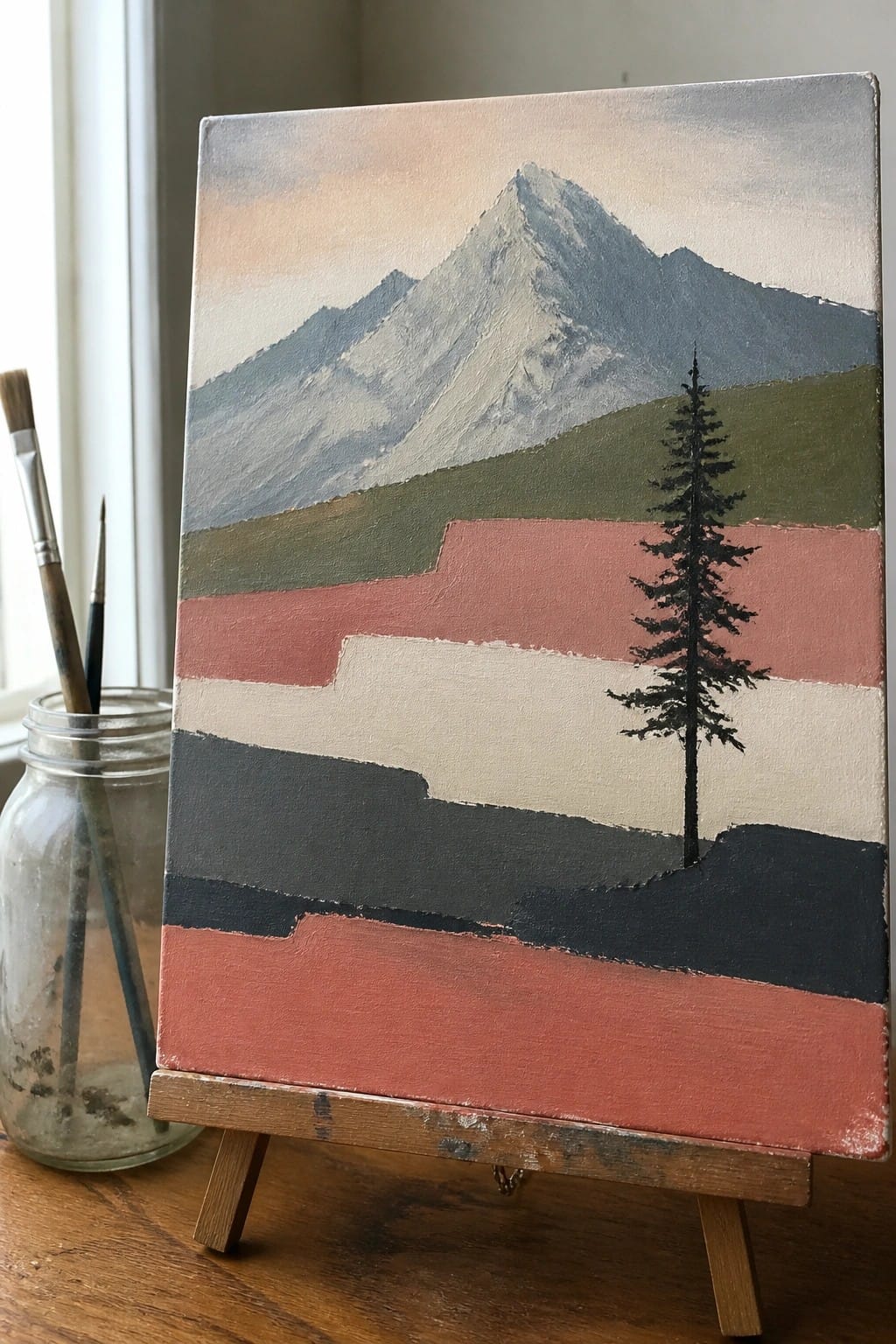 Abstract mountain painting with layered colors and pine tree on wooden easel beside brushes