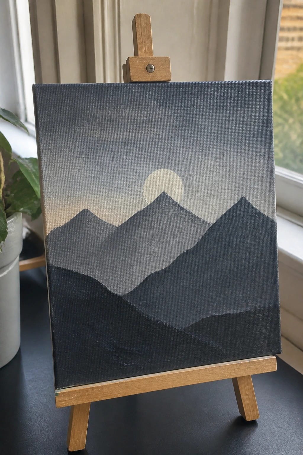 Miniature canvas on wooden easel with dark layered mountains and pale moon.