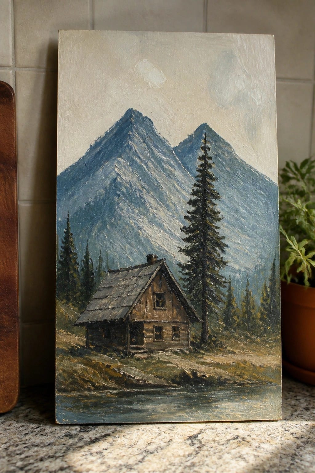 Oil painting of rustic cabin by stream with blue mountains and tall pine tree