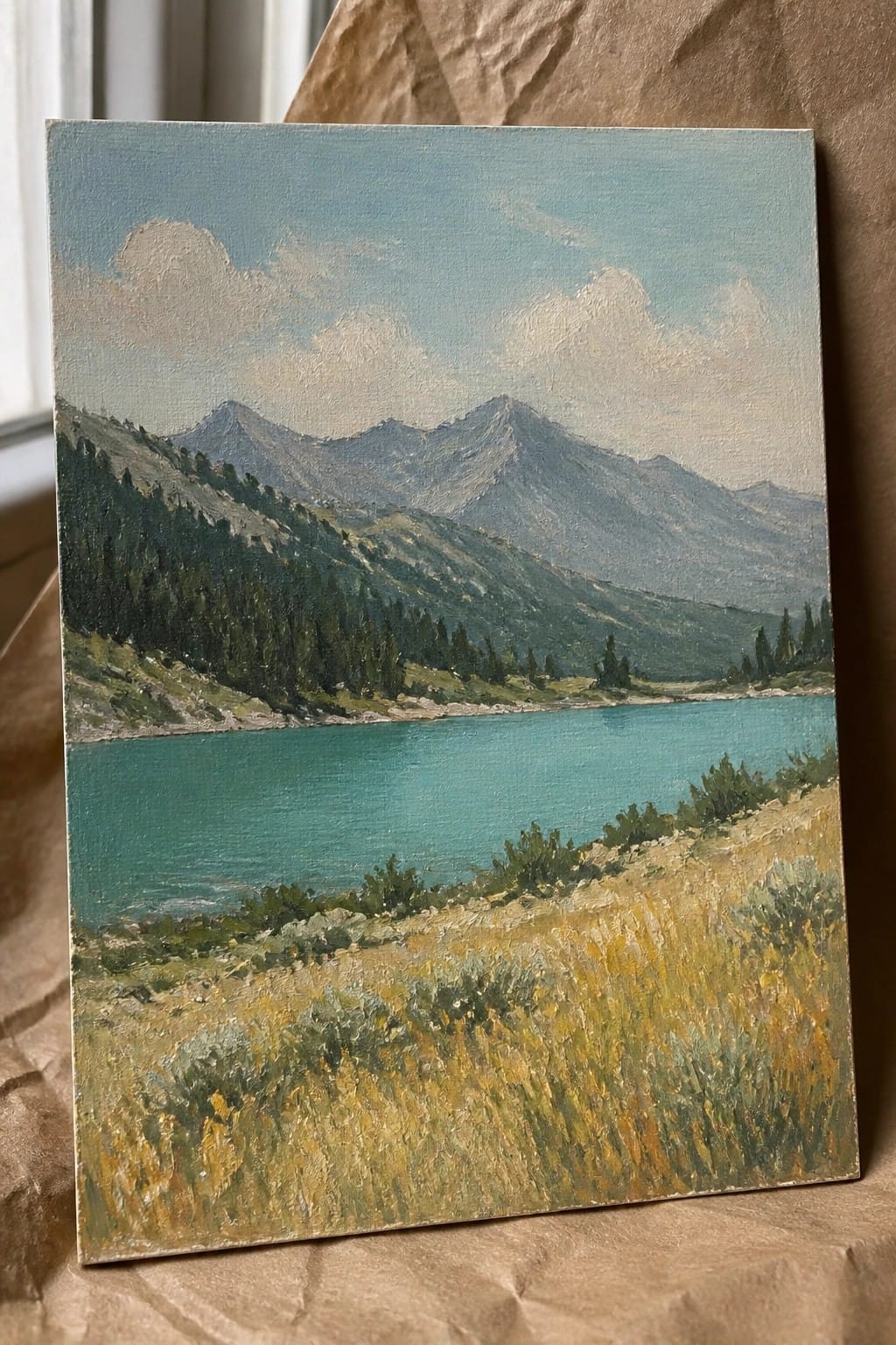 Oil painting of turquoise lake with pine-covered mountains, cloudy sky, and yellow meadow foreground