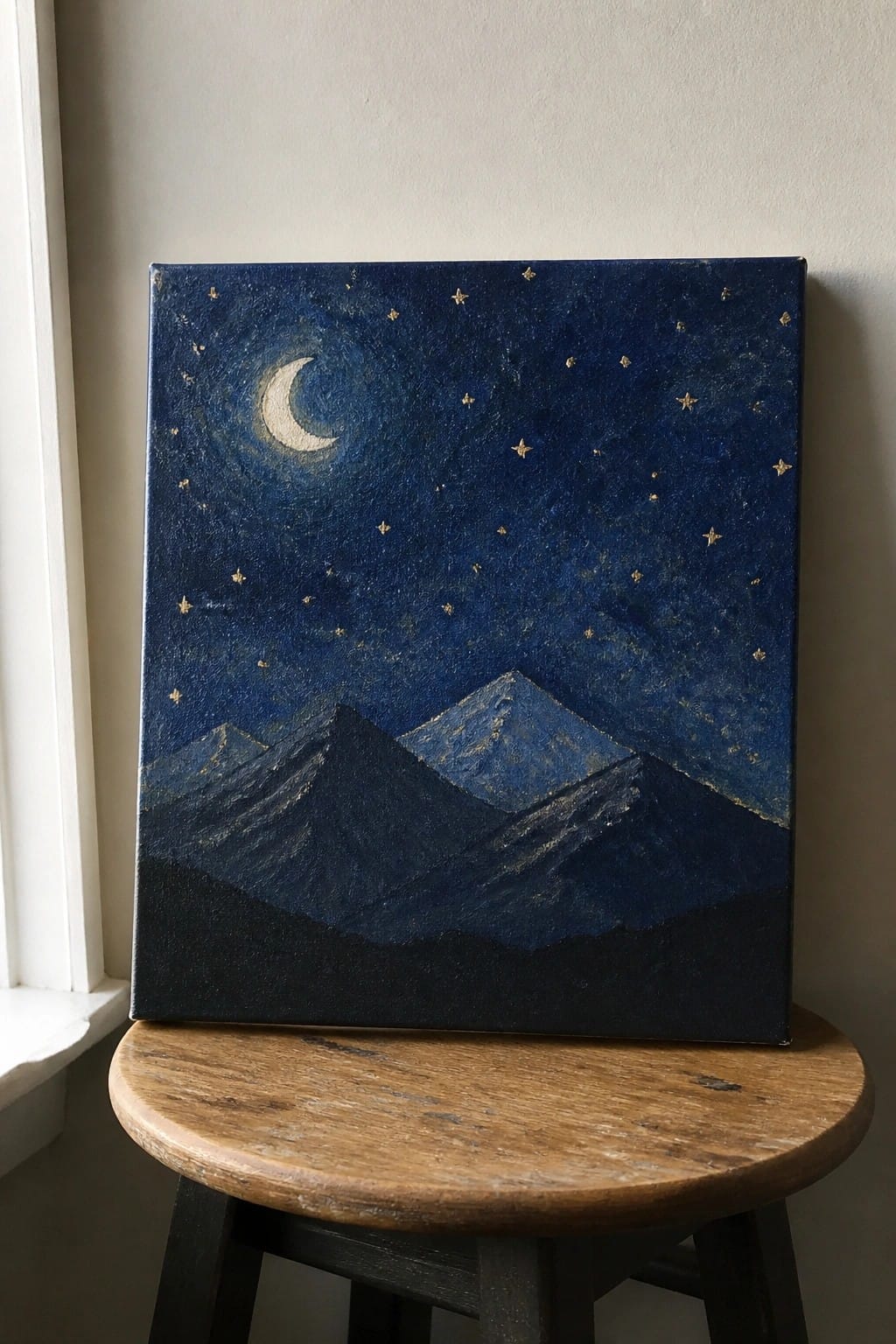 Canvas painting of crescent moon, gold stars, and blue mountains on wooden stool