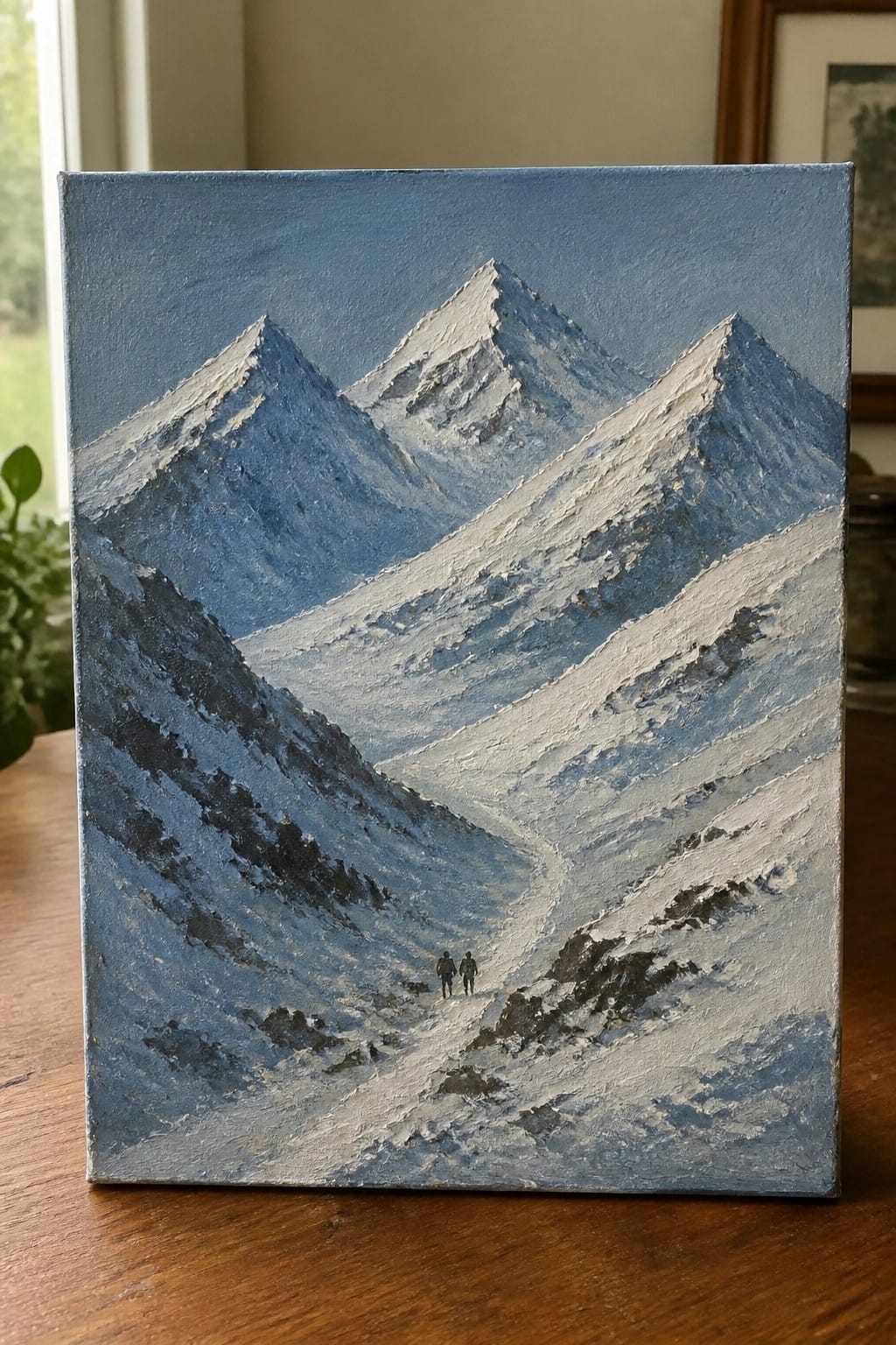 Oil painting of jagged snow-covered mountains with two hikers in the valley.