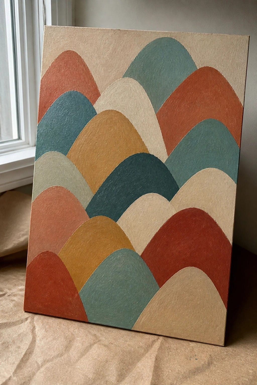 Abstract canvas with layered colorful wavy arches in terracotta, teal, and mustard tones
