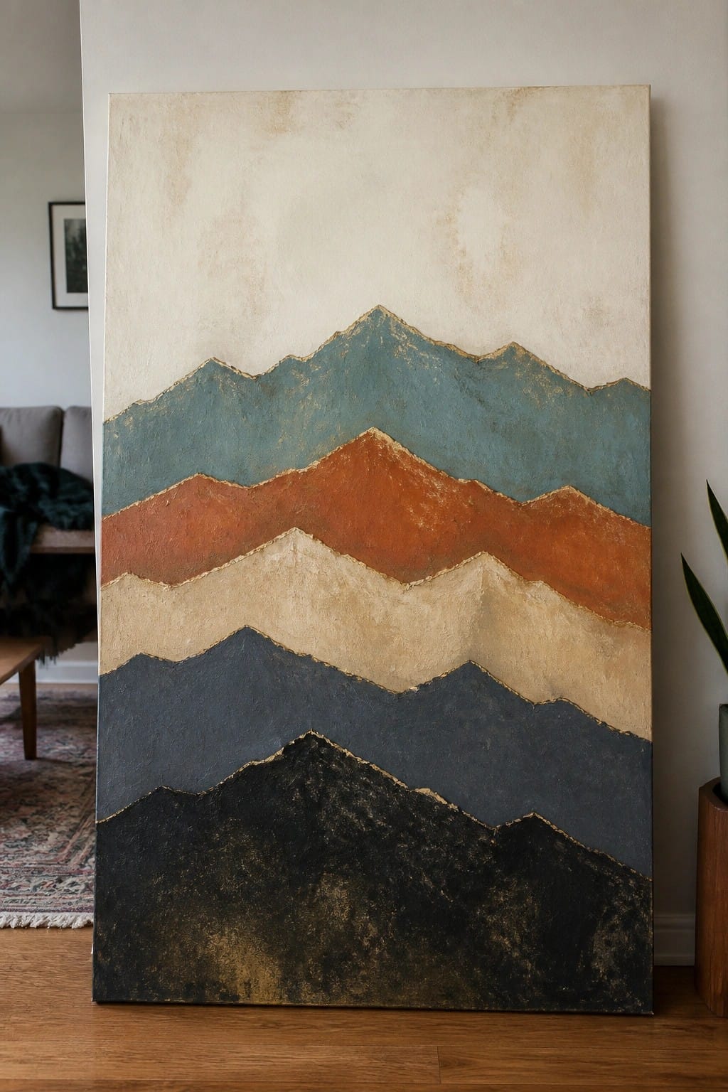 Abstract layered mountain painting with gold edges in modern living room setting