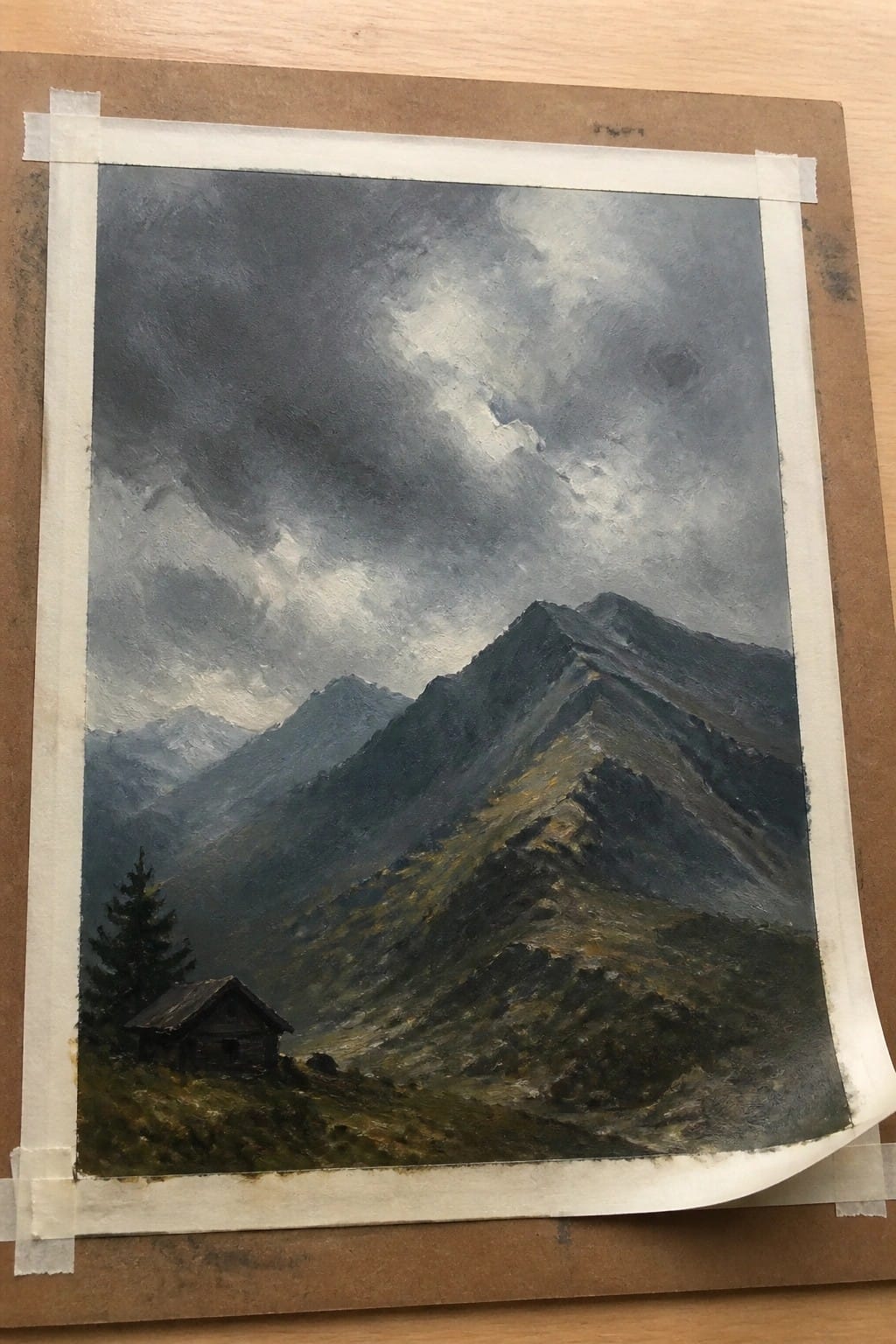Dramatic oil painting of wooden cabin amid rugged mountains under stormy gray clouds
