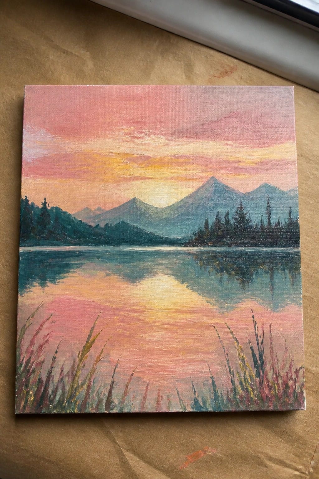 Sunset landscape painting with pink-orange sky, mountain reflections, and foreground grass.