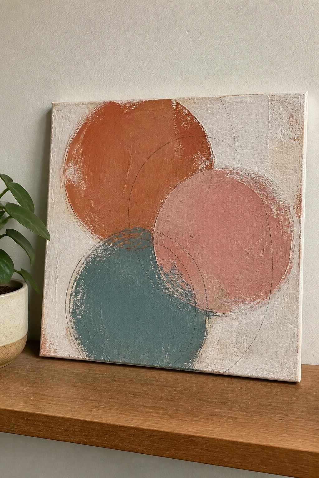 Abstract painting with overlapping terracotta, pink, and teal circles on wooden shelf beside plant