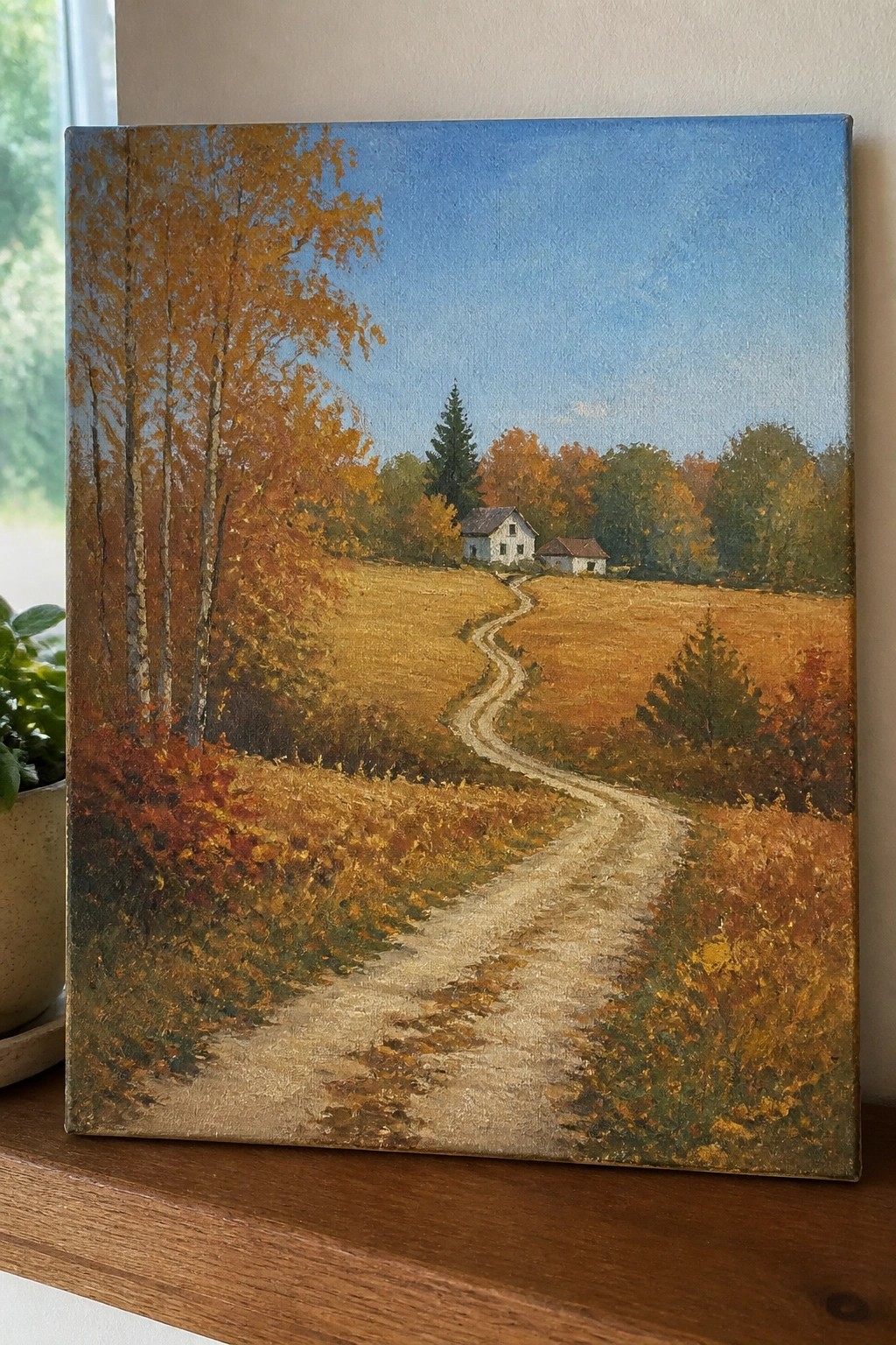 Winding dirt path curves through golden autumn fields toward white farmhouse under blue sky.