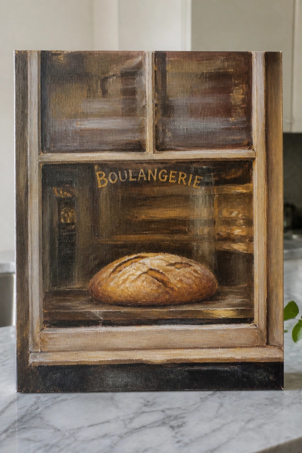 A realistic oil painting of a round loaf of bread on a wooden shelf inside a boulangerie window with the word BOULANGERIE painted in gold letters.
