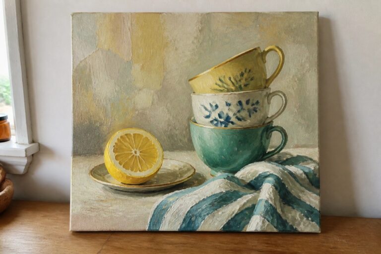 25 Realistic Oil Painting Ideas That Look Surprisingly Professional Stacked teacups in blue, yellow, and floral patterns with lemon and striped cloth.