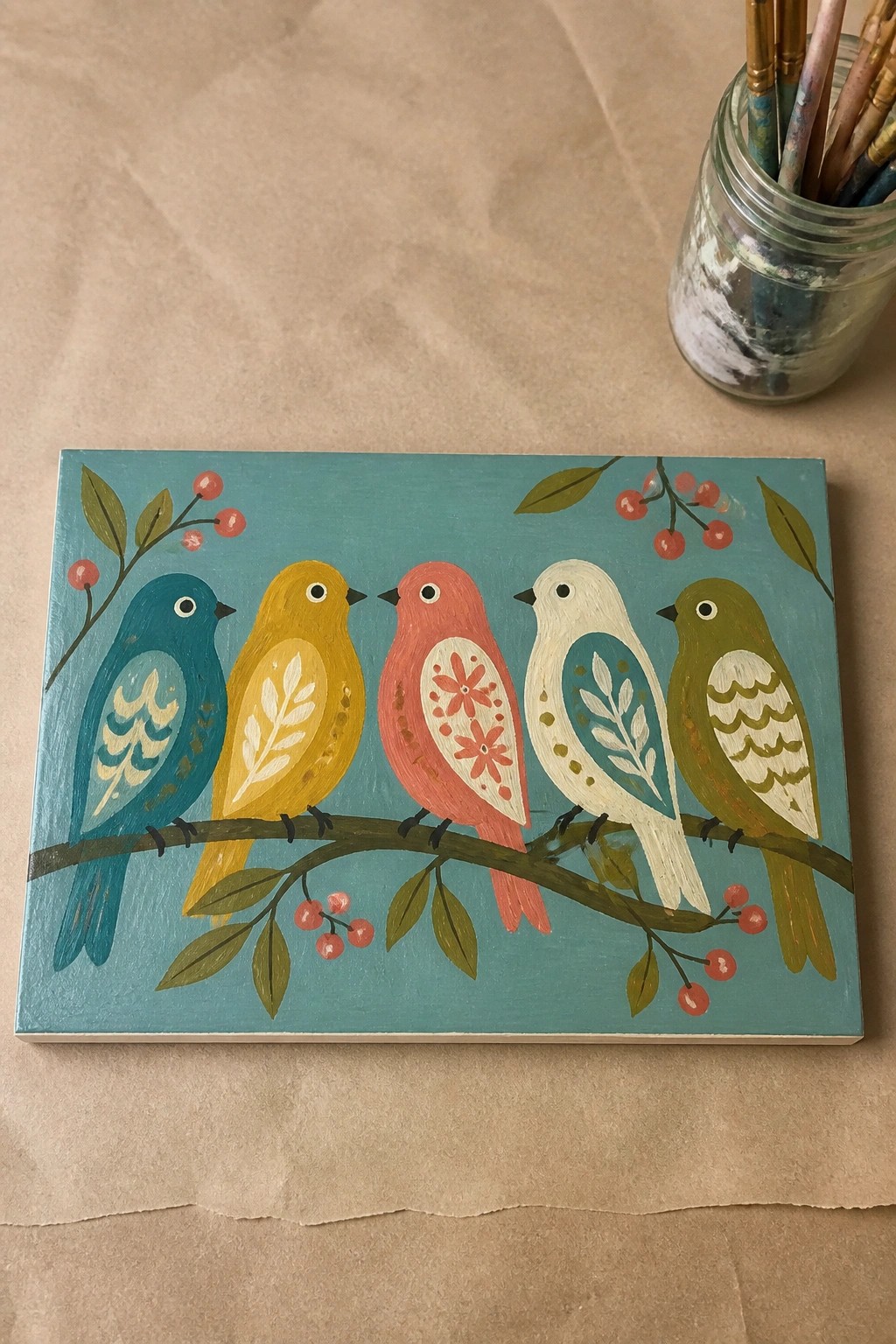 Five colorful birds perch on branch with berries on teal folk painting beside paintbrushes.