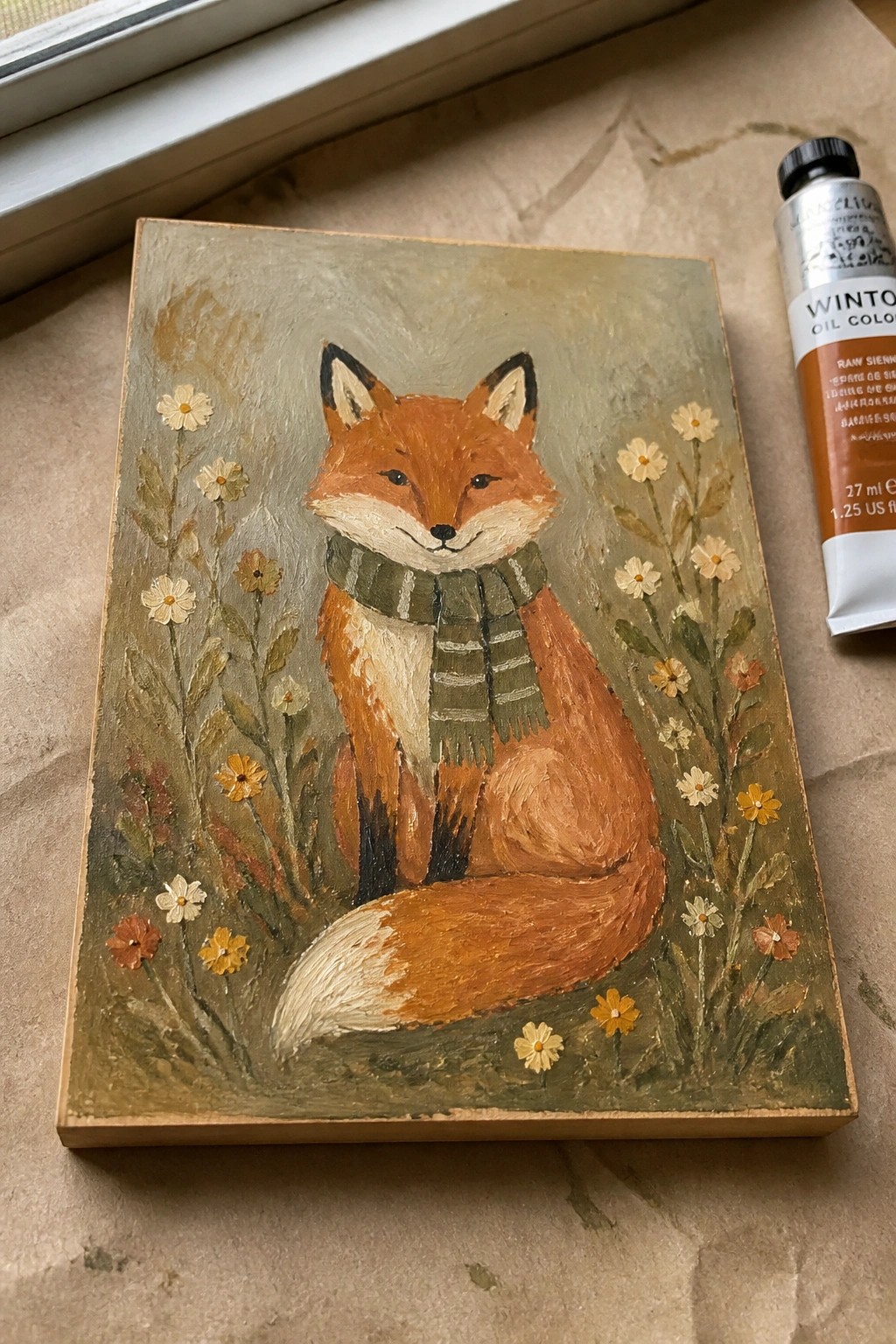 Painting of fox in green scarf amid flowers beside oil paint tube
