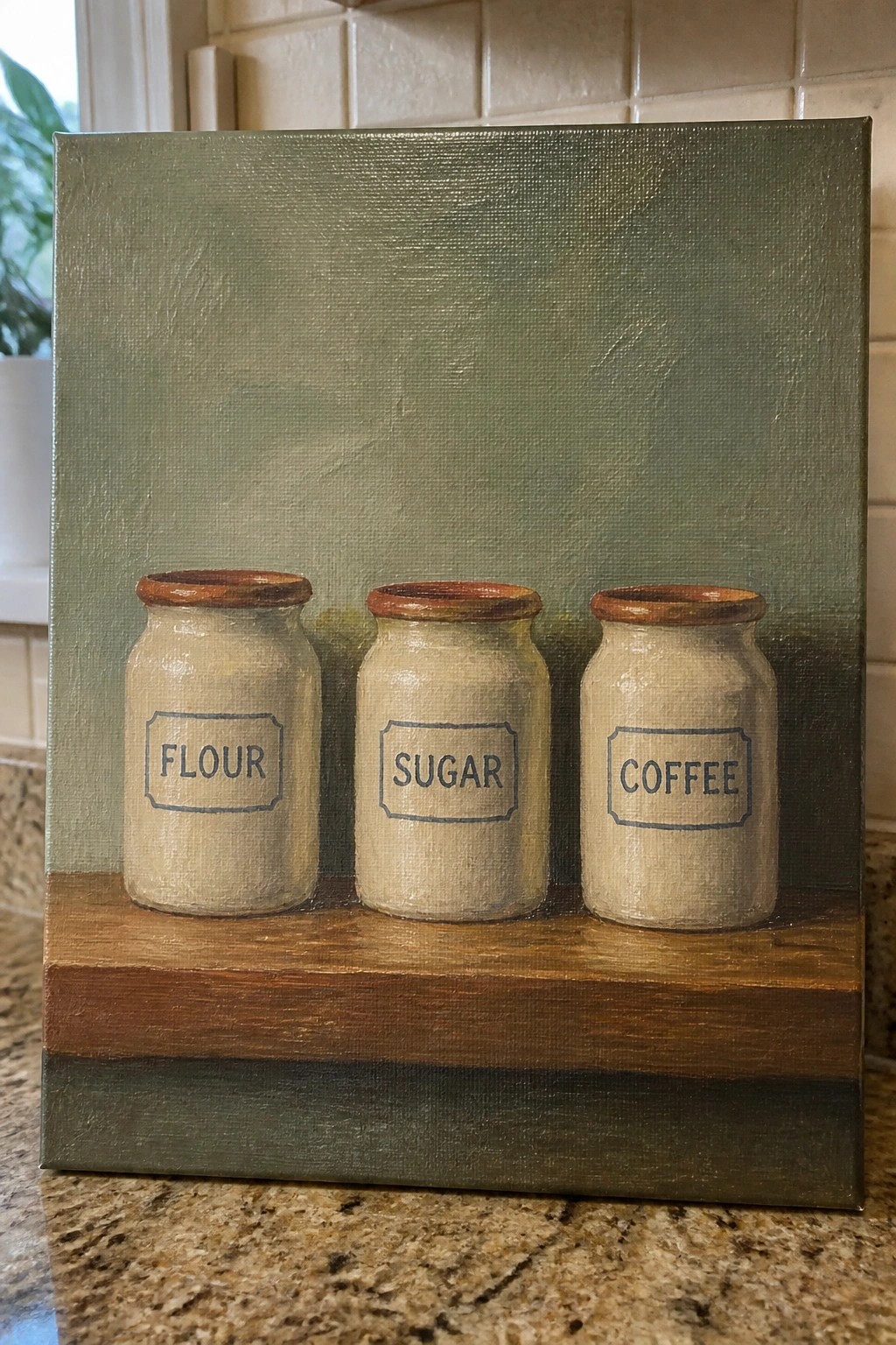 Canvas painting of three jars labeled flour, sugar, coffee on wooden shelf with green background