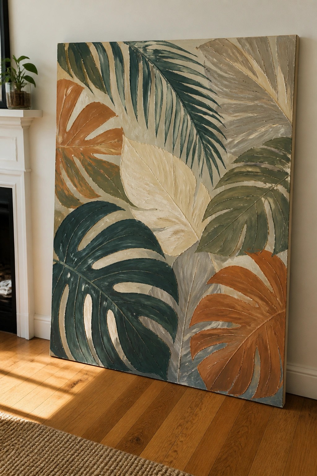 Large textured painting of tropical leaves in green, brown and beige leaning on floor