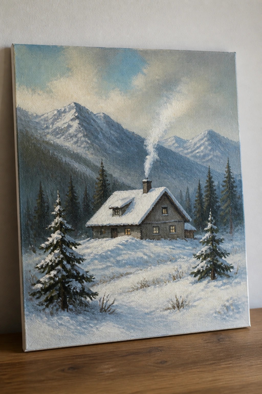 Snowy wooden cabin with glowing windows and smoking chimney, amid pine trees and mountains.