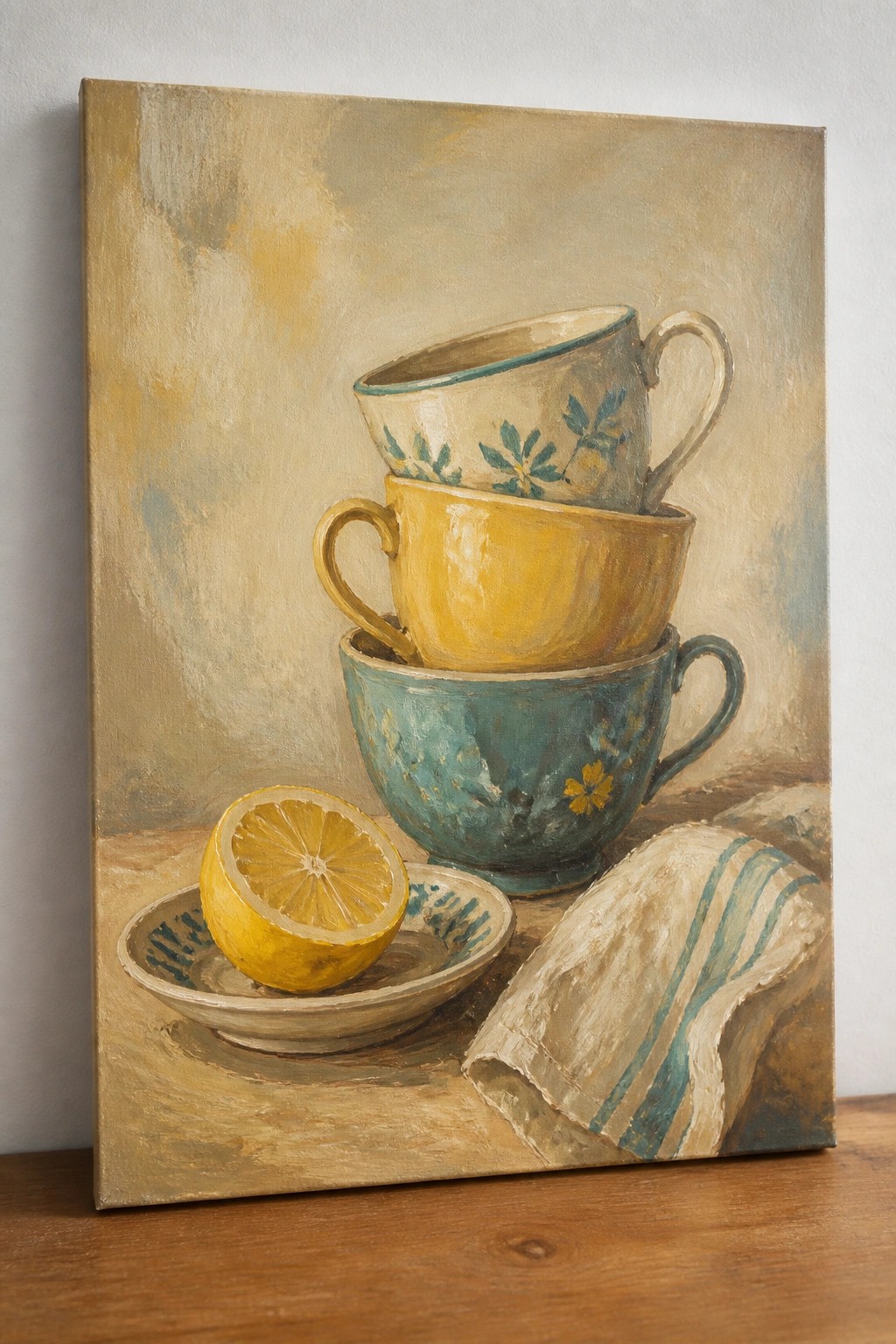 Stacked teacups in blue, yellow, and floral patterns with lemon and striped cloth.