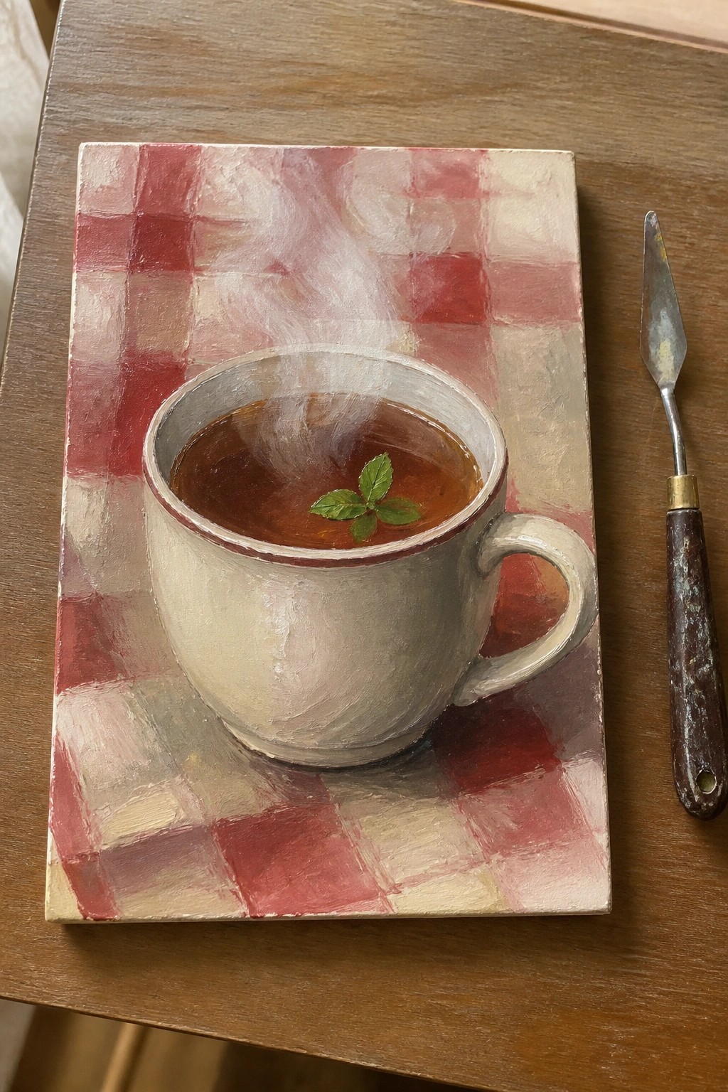 Oil painting of steaming teacup with mint on red checkered background beside palette knife