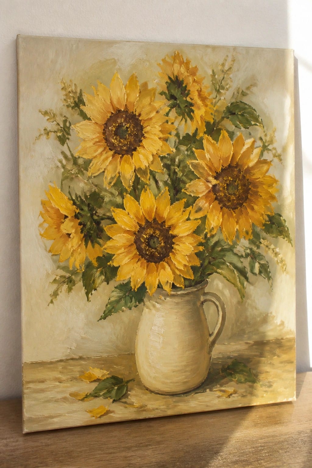 Yellow sunflowers in white pitcher on wooden table with scattered leaves and petals