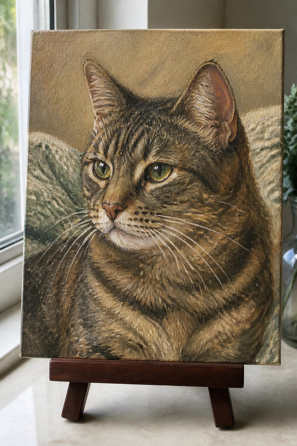 Realistic painting of a brown tabby cat with green eyes on a wooden easel