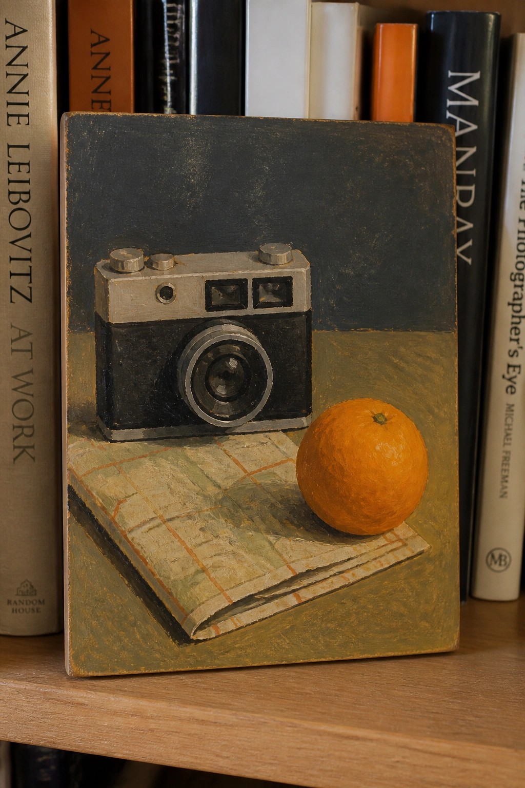Vintage camera and orange painted on wood panel amid books on shelf