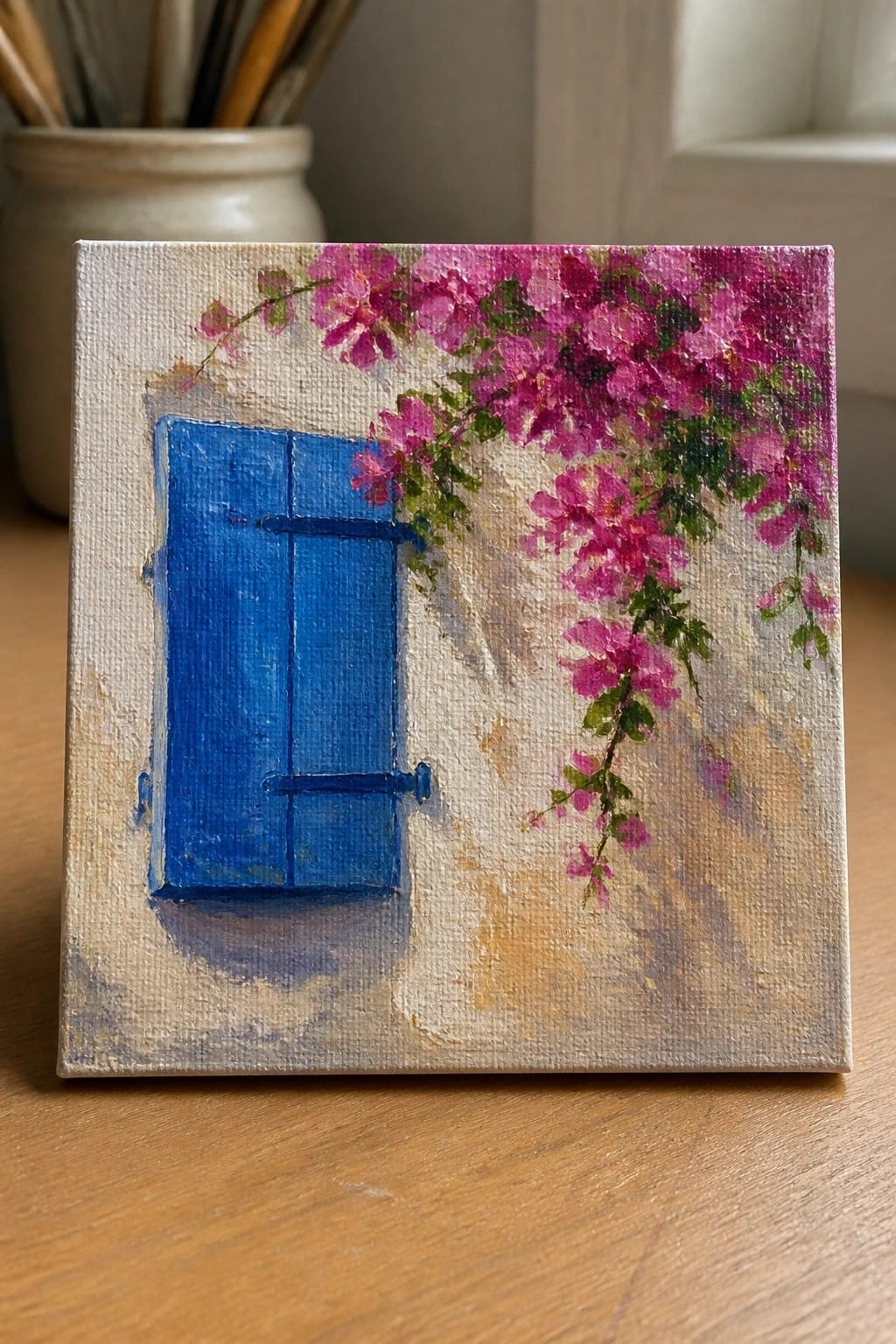Small canvas painting of blue door with cascading pink flowers on textured wall