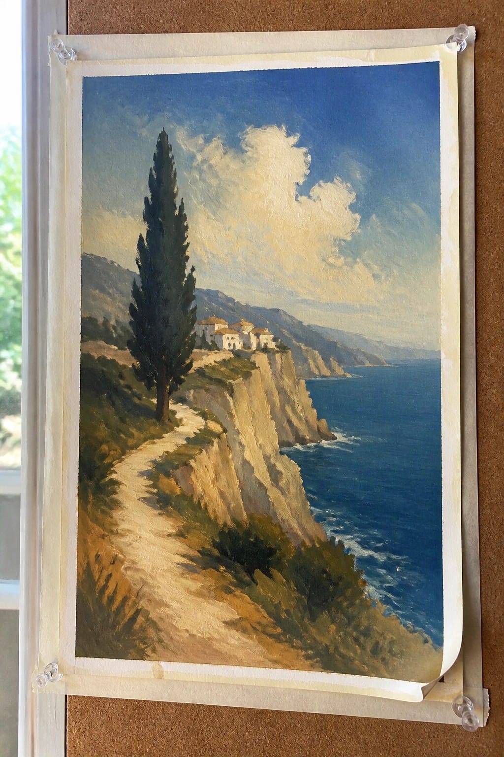 Landscape painting of cliff path, tall cypress tree, white houses above blue sea under clouds