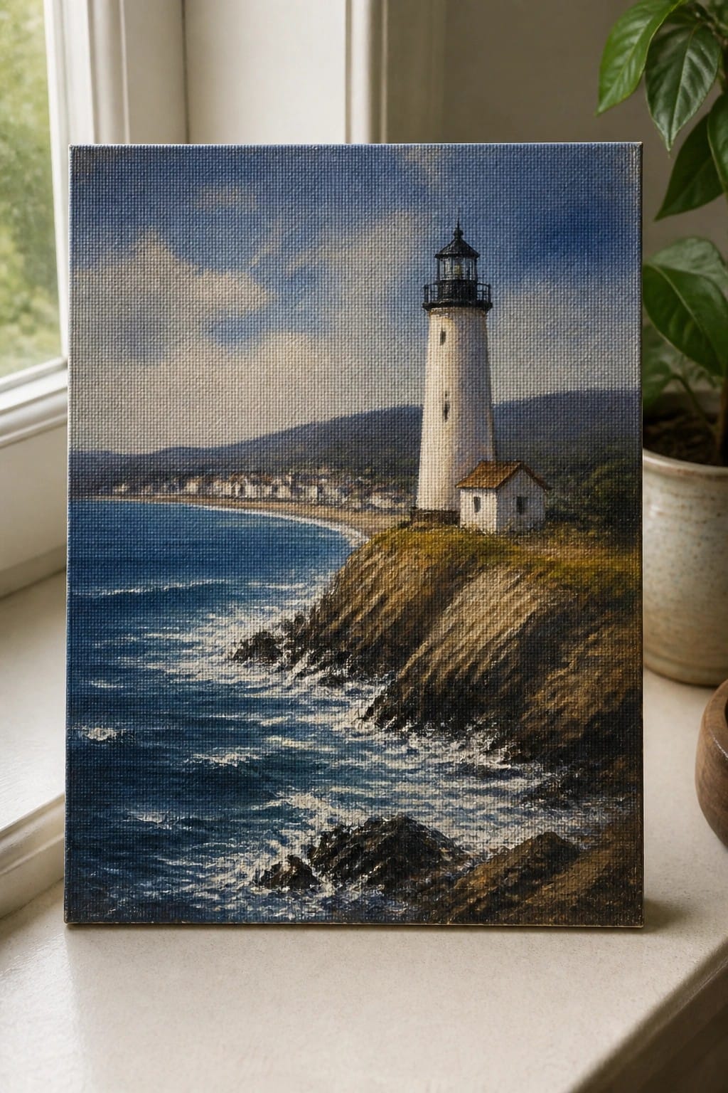 Realistic painting of lighthouse on cliff by ocean, displayed on windowsill near plant.